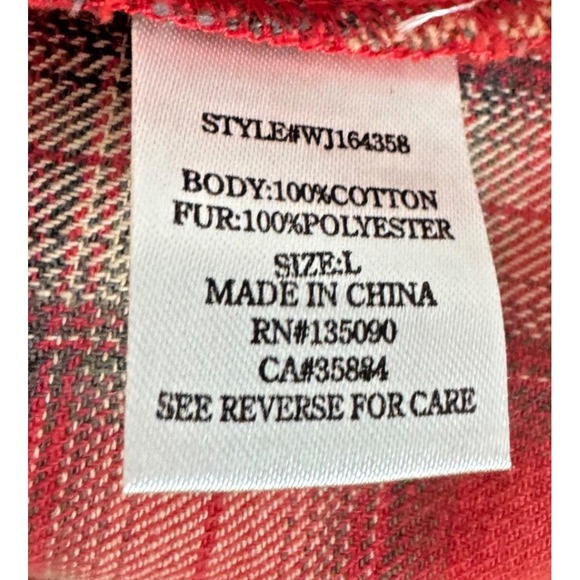 White Crow Shacket Size Large Red Cream Black Plaid Hooded Flannel Faux Fur‎ - Picture 9 of 15